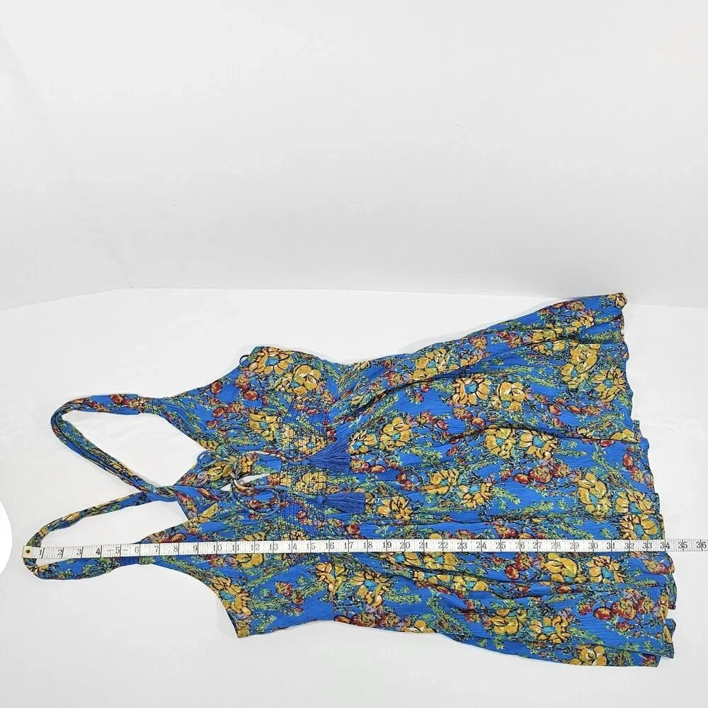 Free People Washed Ashore Mini Dress Blue Floral Halter Criss Cross Back Size M